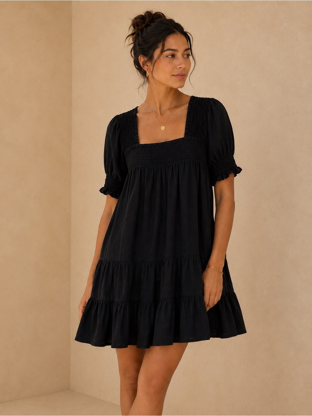 Joy Joy Black Smocked Square Neck Puff Short Sleeve Tiered Babydoll Mini Dress